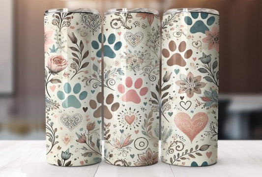 Floral Paw Print Tumbler – 20oz Stainless Steel | Dog Mom Gift | Animal Lover Drinkware
