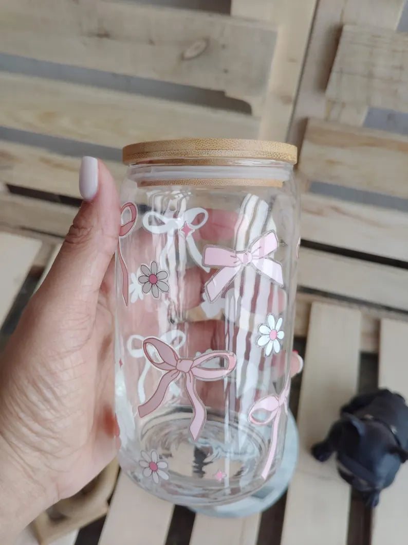 Coquette Glass Can Tumbler: Pink Bows & Flowers - 16OZ