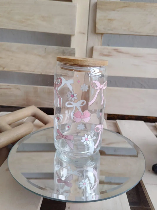 Coquette Glass Can Tumbler: Pink Bows & Flowers - 16OZ