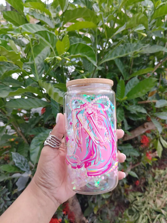 Coquette Glass Jar - 16oz - Pink Cowgirl Boots, Bow, Seashell