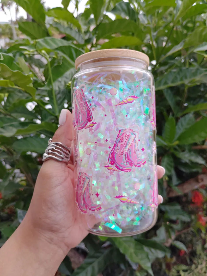 Coquette Glass Jar - 16oz - Pink Cowgirl Boots, Bow, Seashell