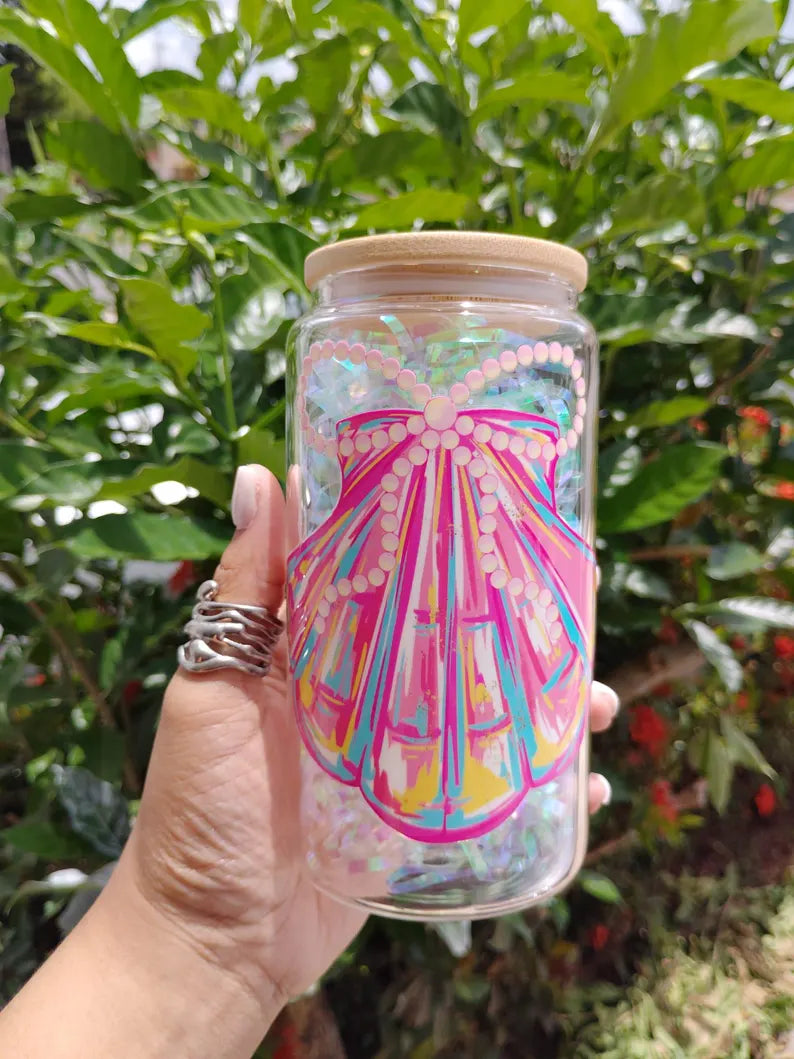 Coquette Glass Jar - 16oz - Pink Cowgirl Boots, Bow, Seashell