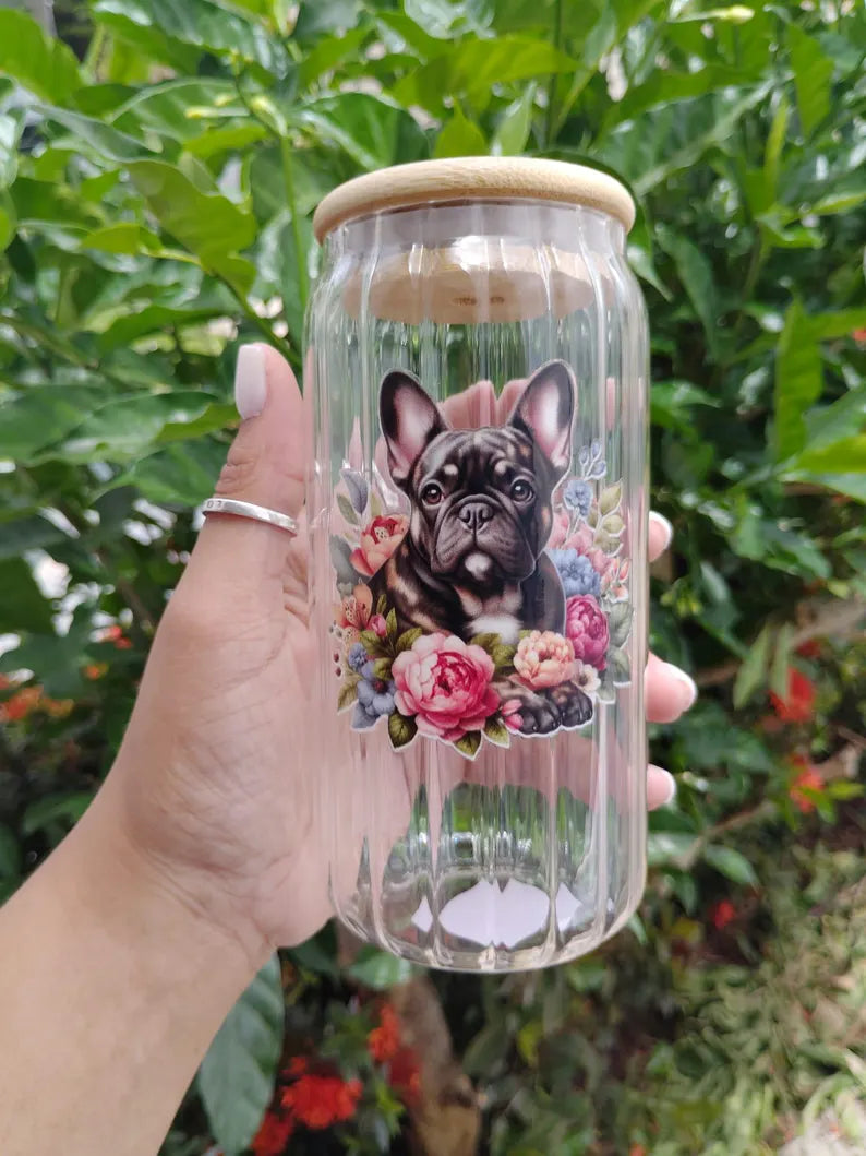 Floral Dog Glass Can Tumbler - 16oz