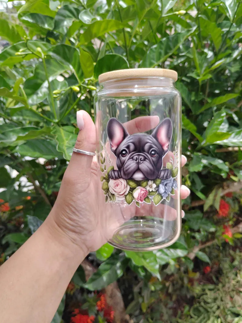 Floral Dog Glass Can Tumbler - 16oz