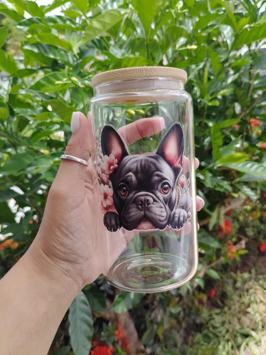 Floral Dog Glass Can Tumbler - 16oz