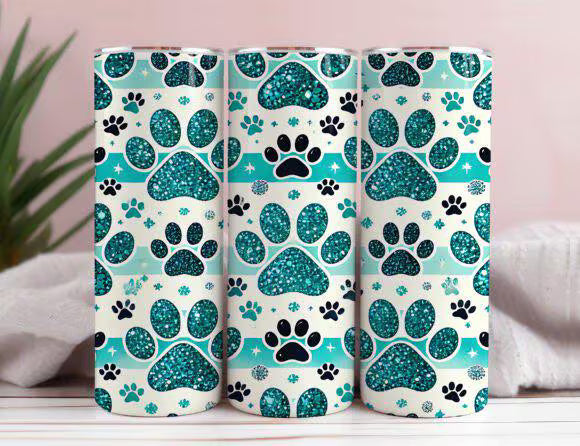 Teal Glitter Paw Print Tumbler β 20oz Skinny Stainless Steel Cup