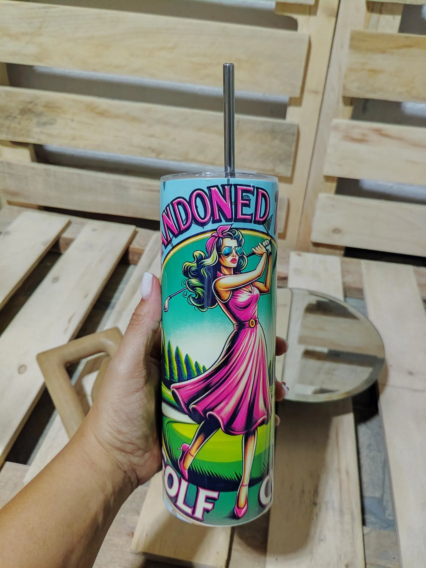 Abandoned Wives Golf Club Tumbler: Retro Pink Golf Lady 20oz Skinny Cup