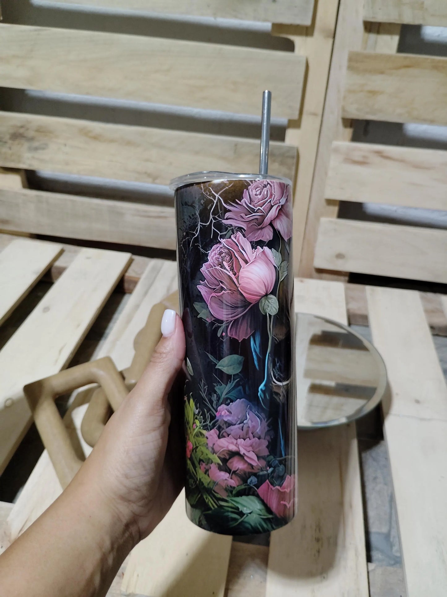 Floral Skull Tumbler: Gothic Roses Stainless Steel Cup