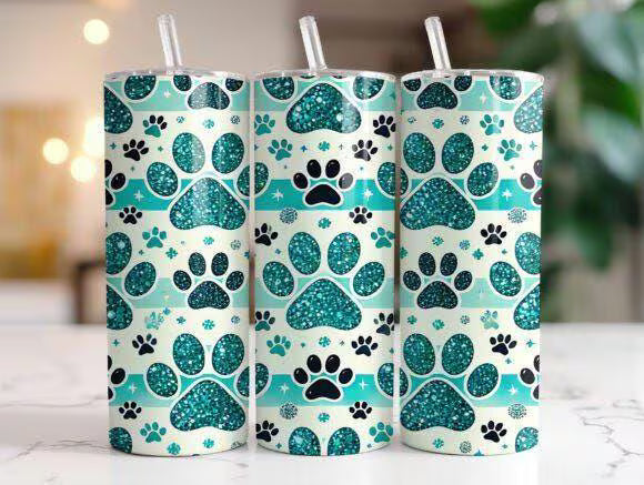 Teal Glitter Paw Print Tumbler β 20oz Skinny Stainless Steel Cup