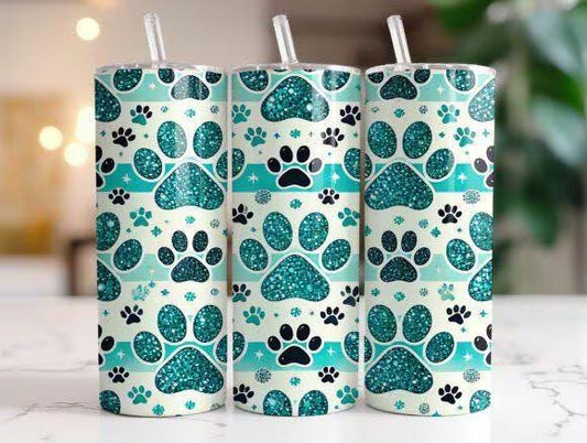 Teal Glitter Paw Print Tumbler – 20oz Skinny Stainless Steel Cup