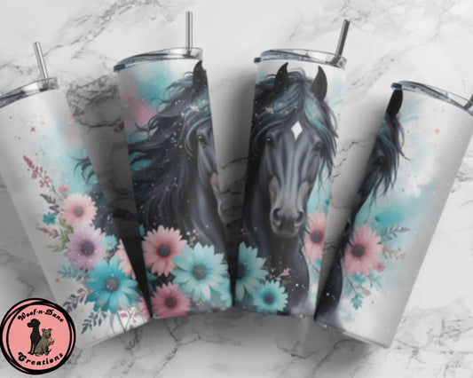 Black Horse Floral Tumbler: 20oz Insulated Stainless Steel Cup