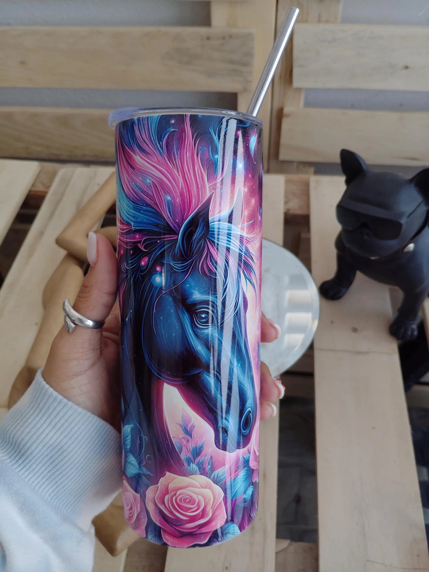 Galaxy Horse Tumbler: Cosmic Flowers & Butterflies, 20oz Stainless Steel