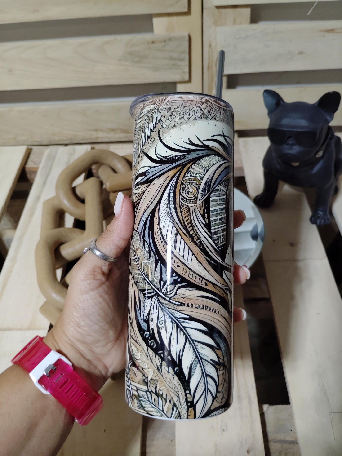 Tribal Horse Tumbler: Western Boho Feather Art, 20oz Cup
