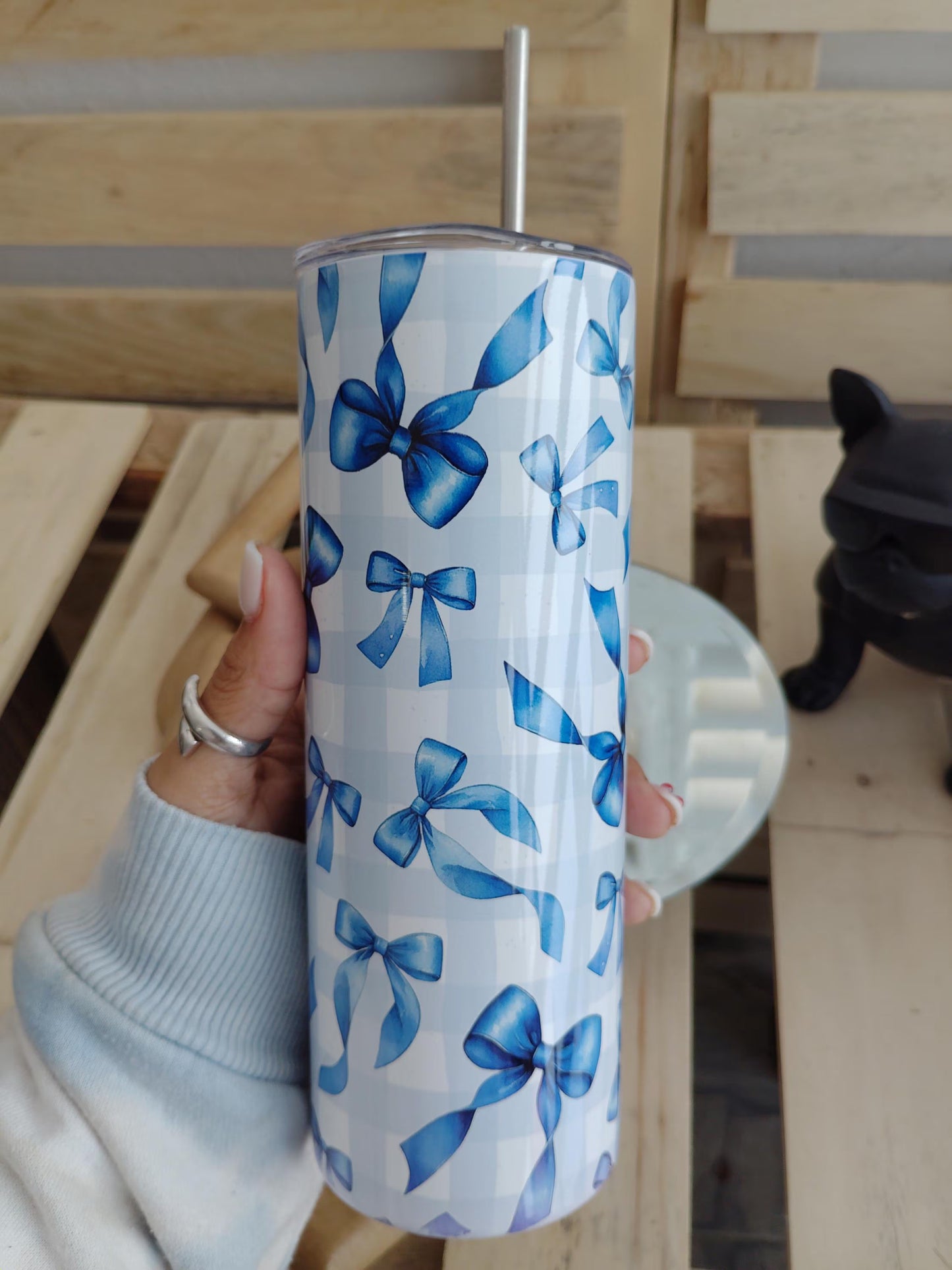 Blue Bow Gingham 20oz Tumbler ā Cute Coquette Cup
