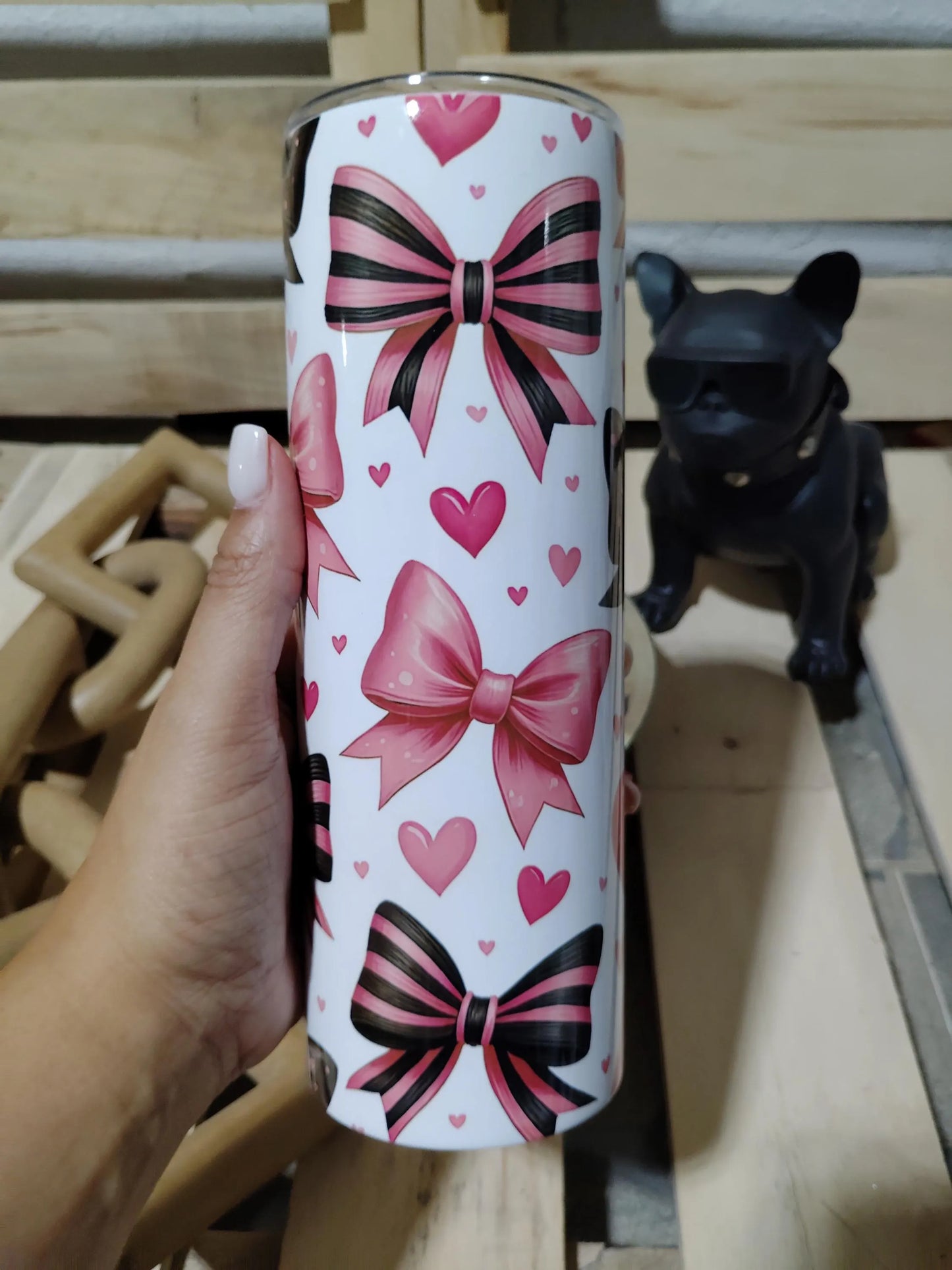 Coquette Bow Tumbler: Pink & Black Hearts, 20oz Skinny Cup