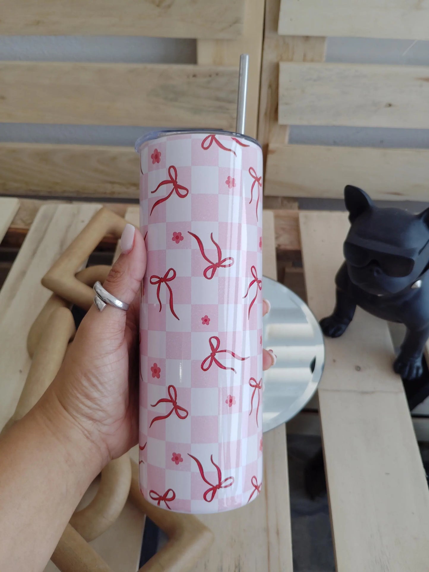 Pink Gingham Bows 20oz Tumbler – Cute Coquette Floral Wrap Cup