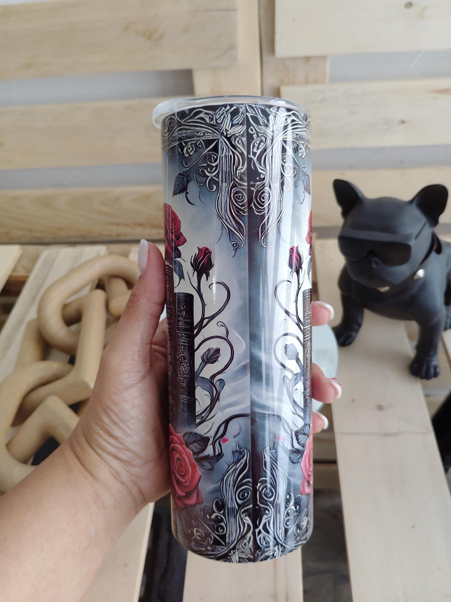 Gothic Bookstack & Roses Tumbler | Dark Academia 20oz Stainless Steel Cup