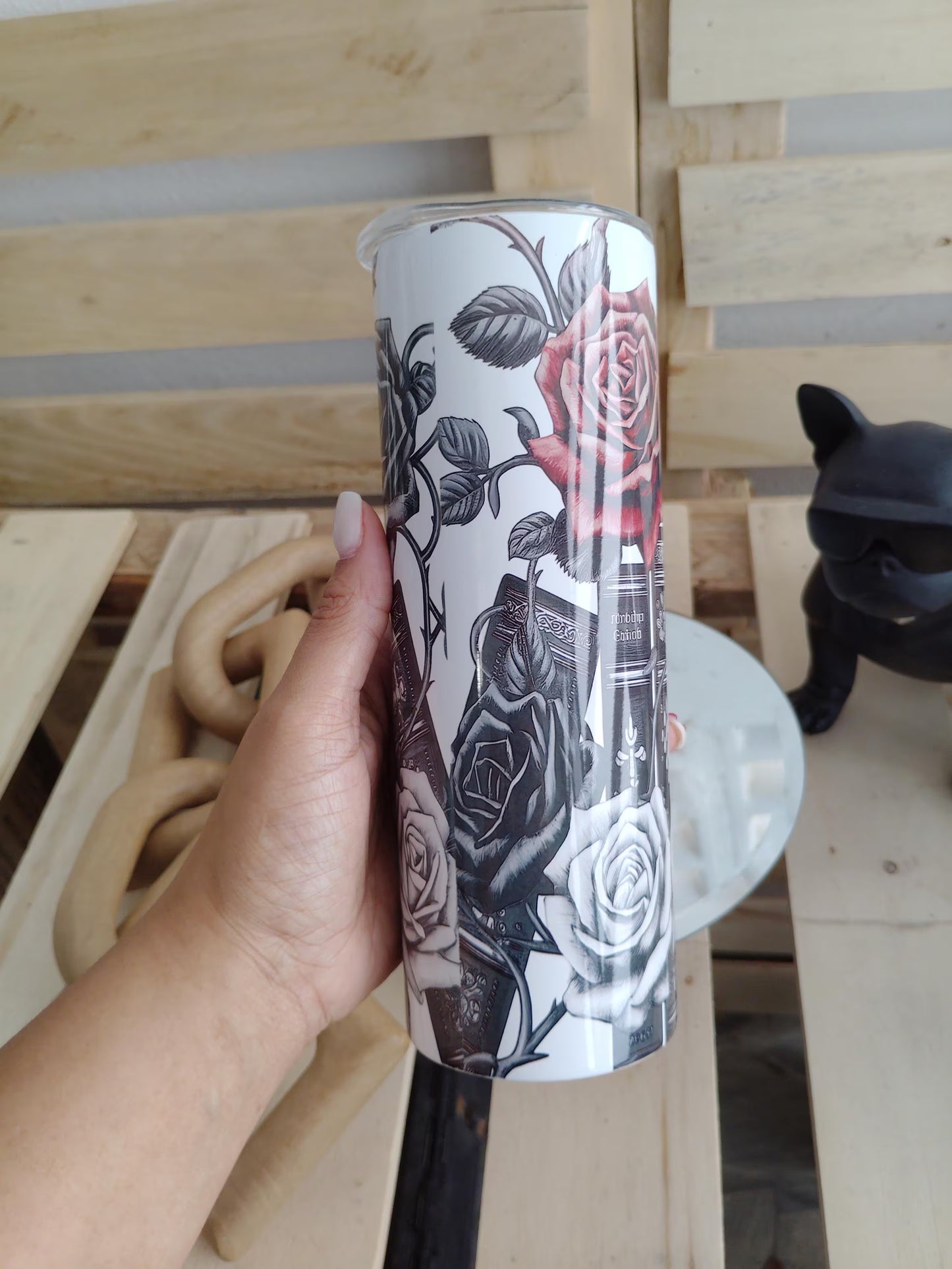 Black & White Gothic Book Rose Tumbler | 20oz Dark Academia Cup