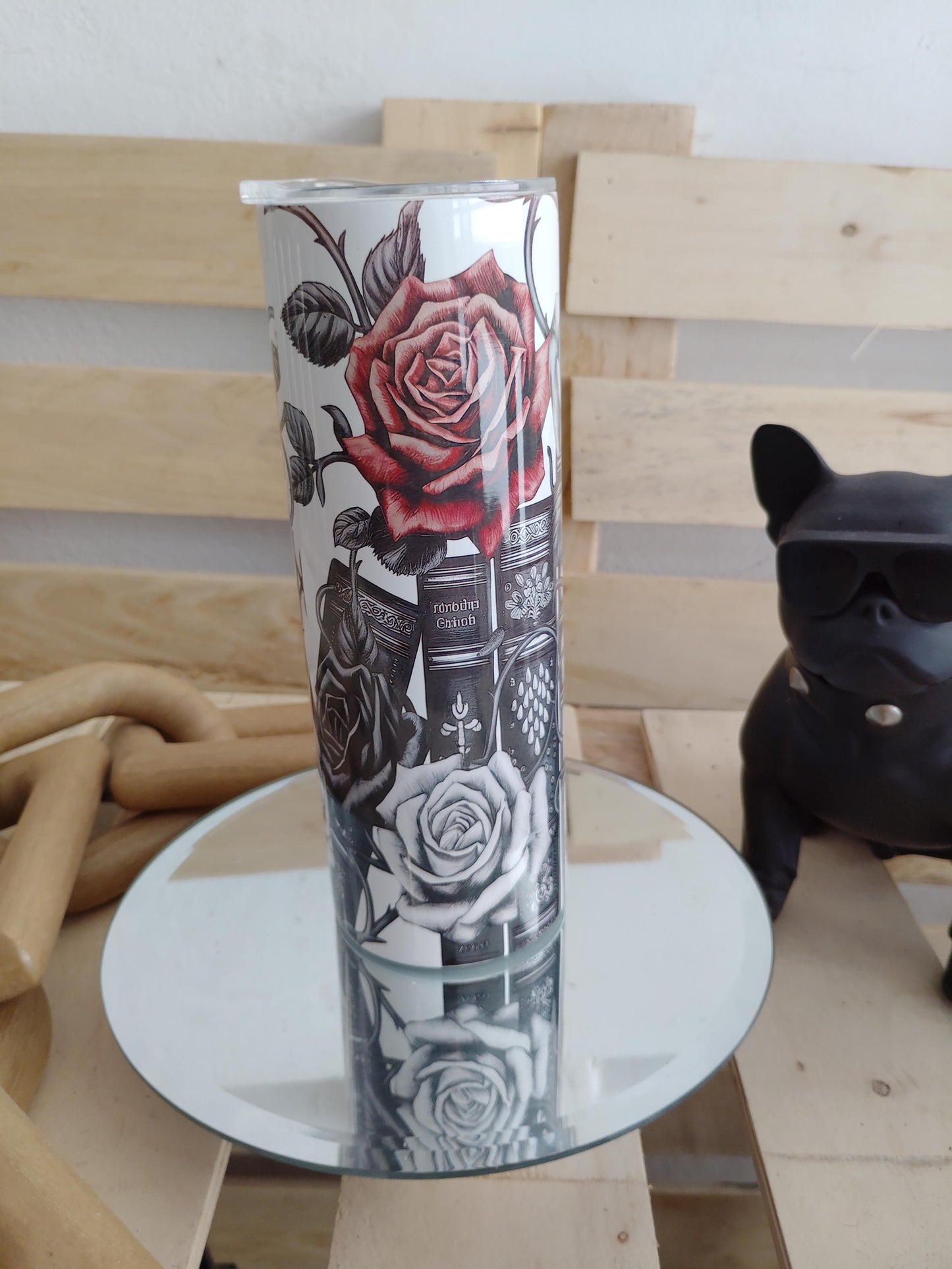Black & White Gothic Book Rose Tumbler | 20oz Dark Academia Cup