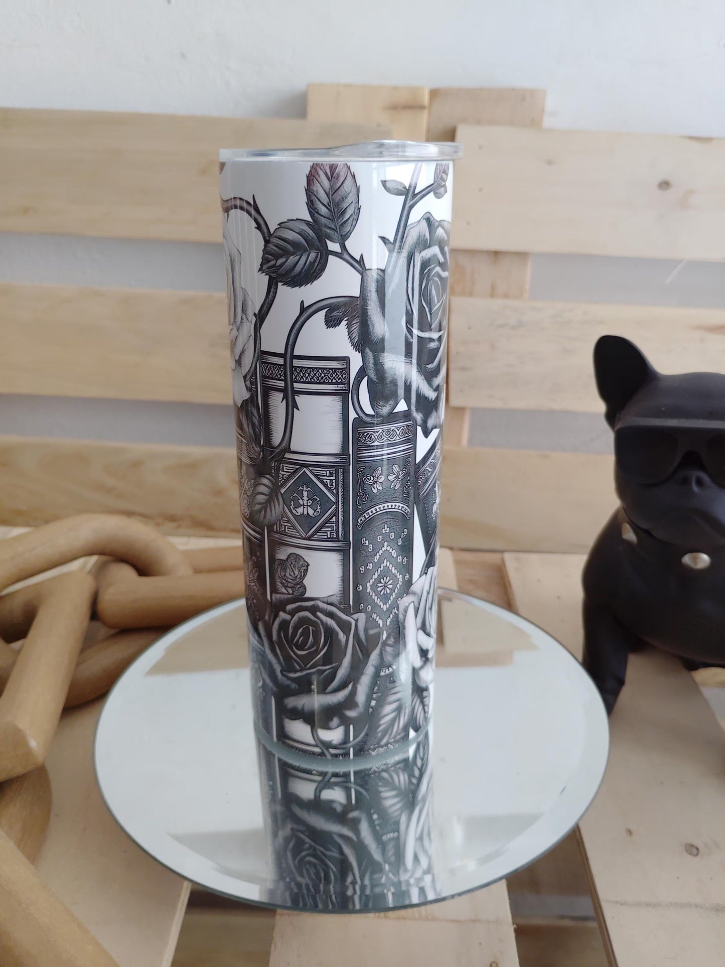Black & White Gothic Book Rose Tumbler | 20oz Dark Academia Cup