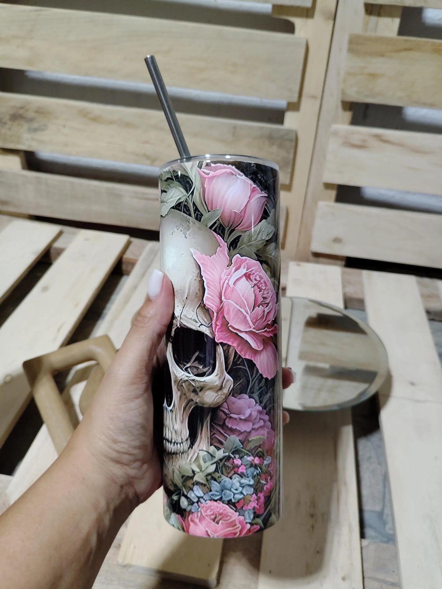 Floral Skull Tumbler: Gothic Roses Stainless Steel Cup