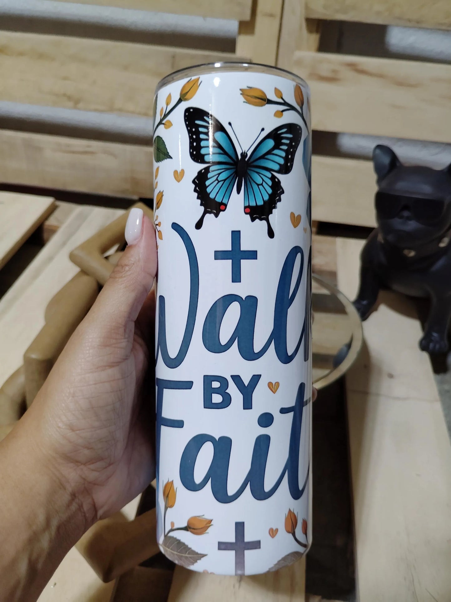 Walk by Faith Tumbler: Butterfly Floral 20oz Christian Cup