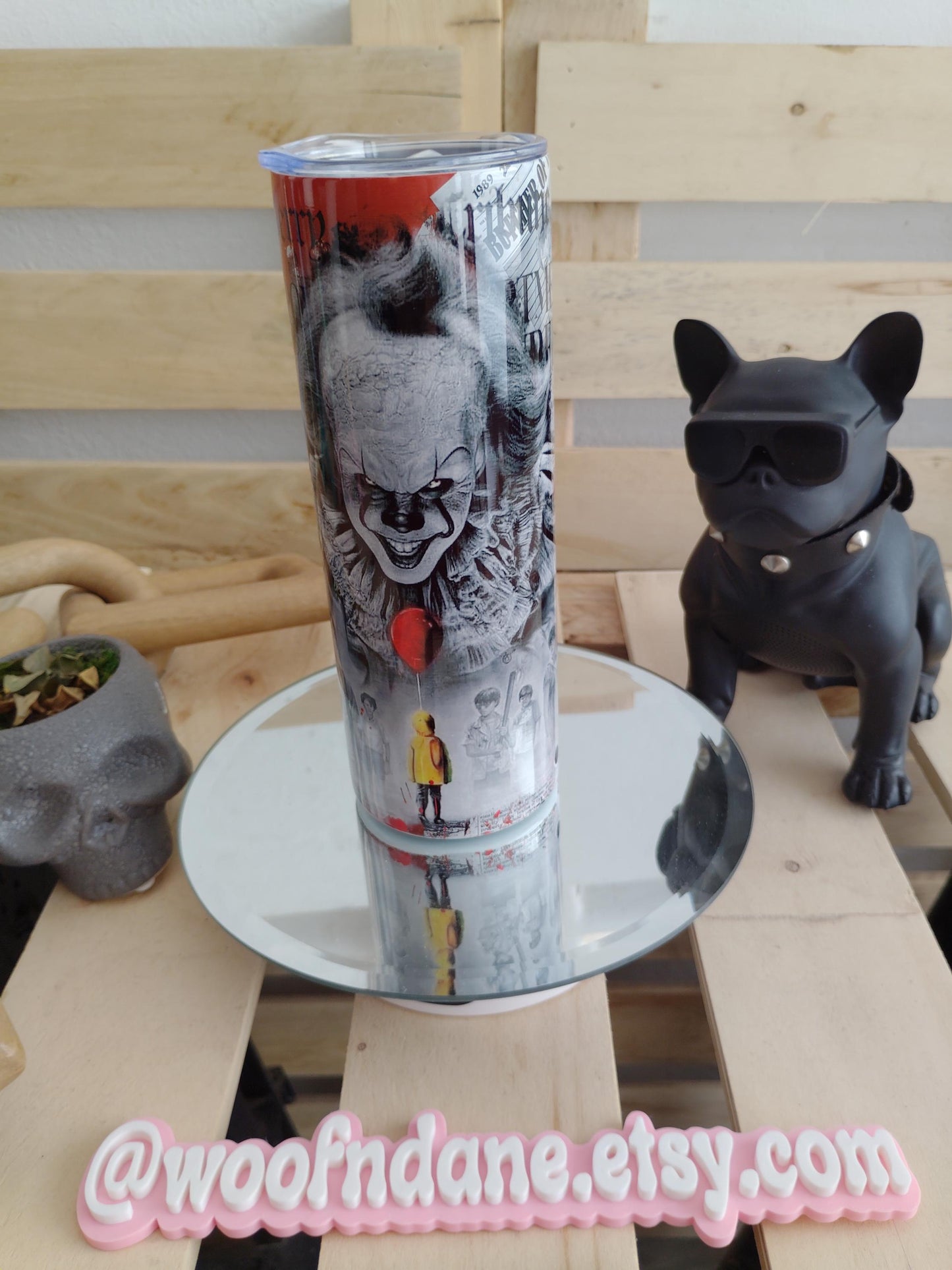 Pennywise Horror Tumbler – IT Inspired 20oz Skinny Cup with Bloody Newspaper Design