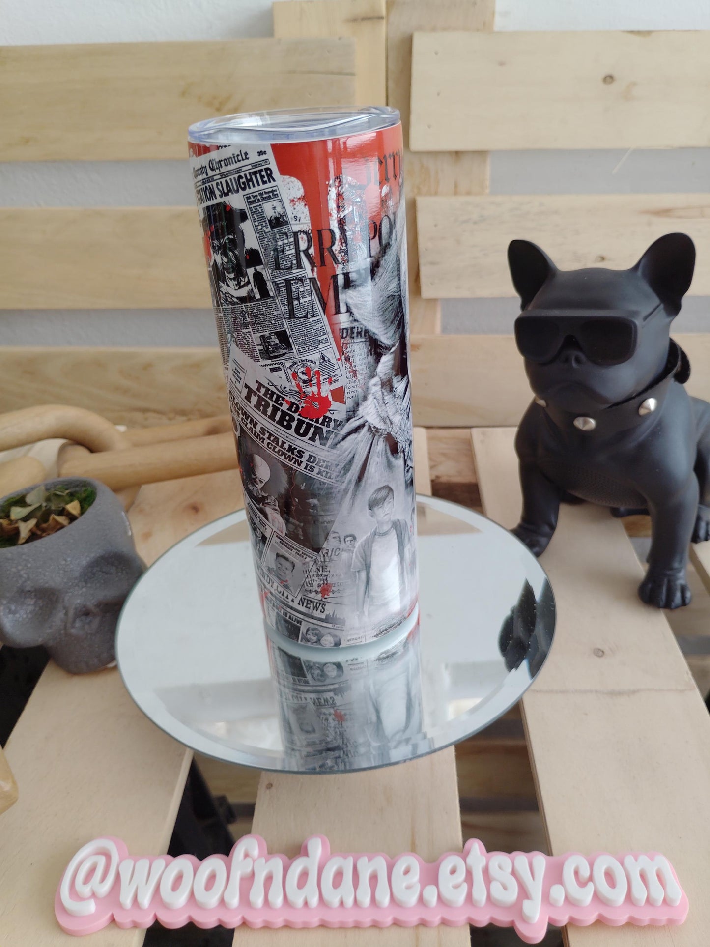 Pennywise Horror Tumbler – IT Inspired 20oz Skinny Cup with Bloody Newspaper Design