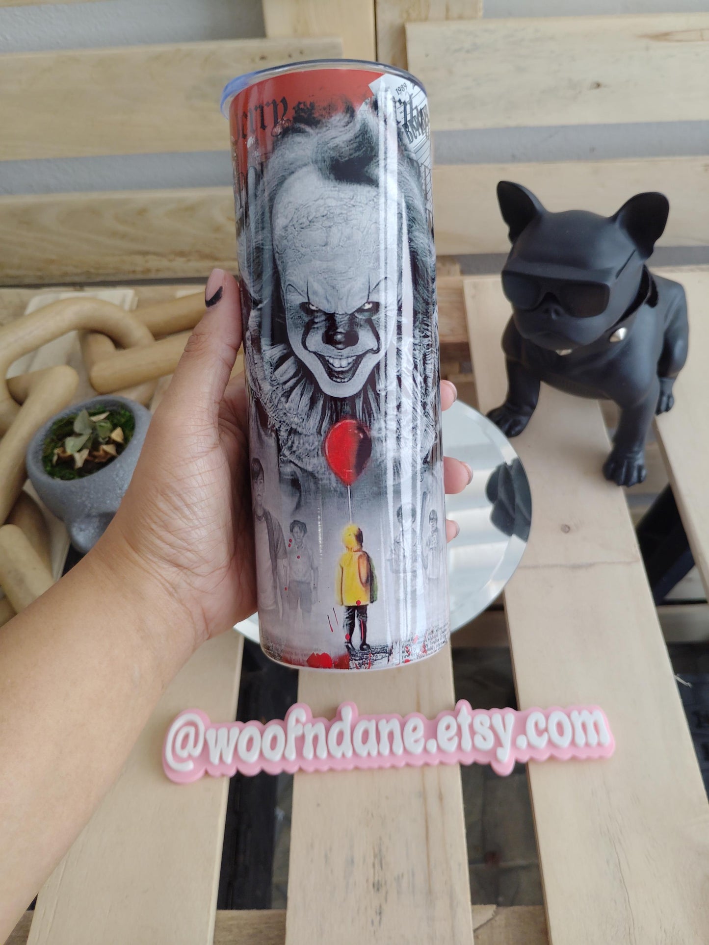 Pennywise Horror Tumbler – IT Inspired 20oz Skinny Cup with Bloody Newspaper Design
