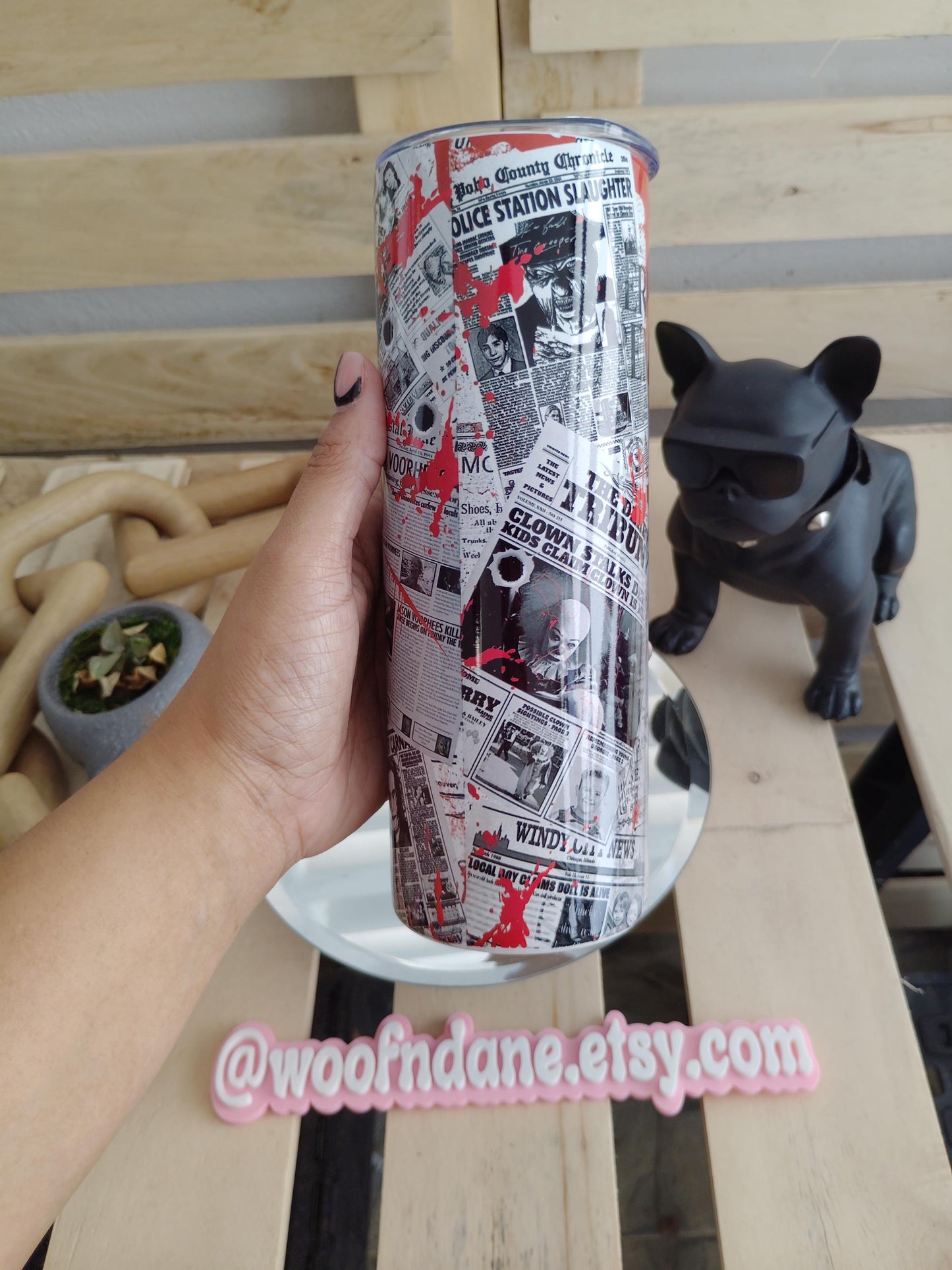 Pennywise Horror Tumbler – IT Inspired 20oz Skinny Cup with Bloody Newspaper Design
