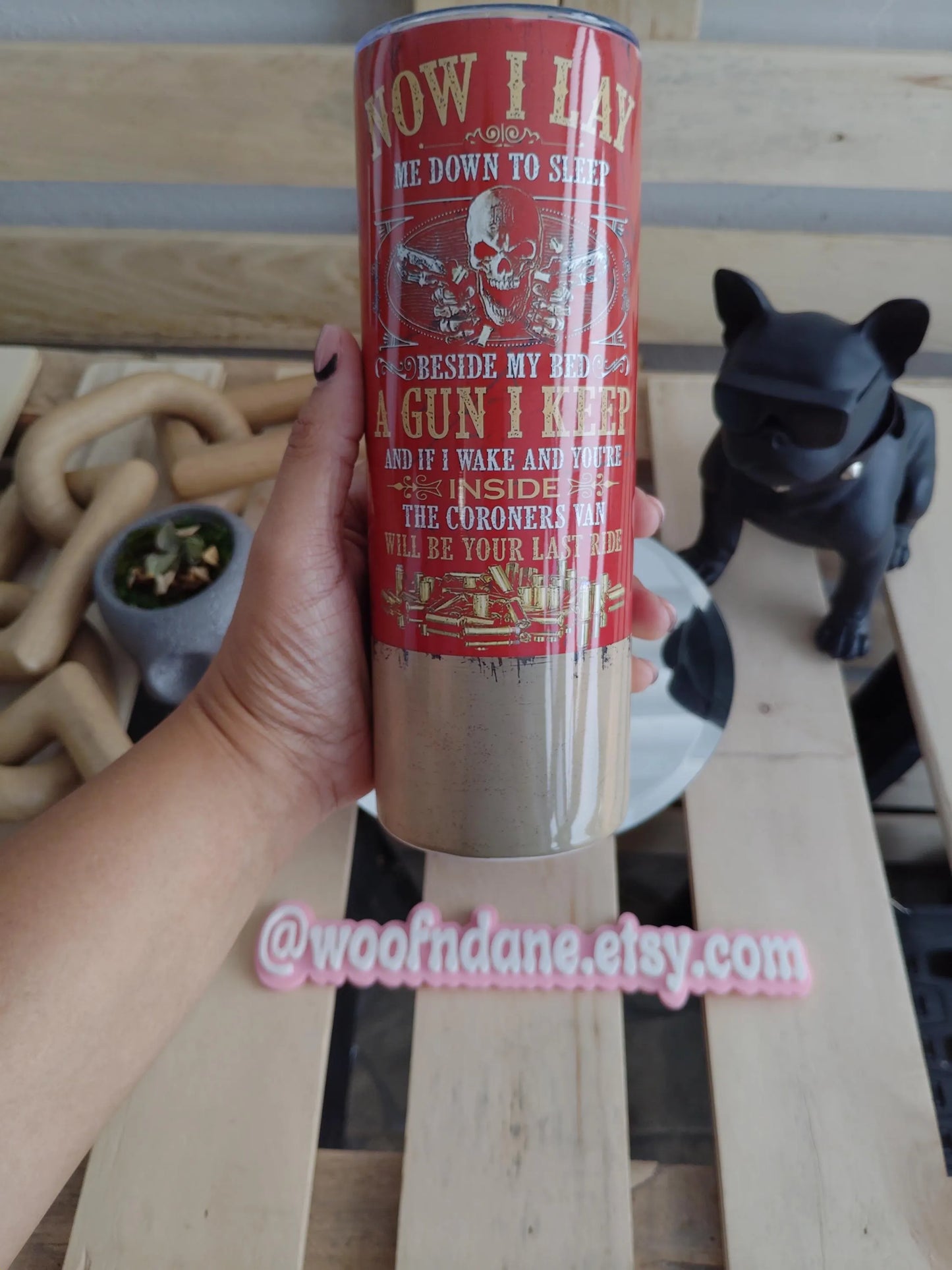 Gun I Keep Tumbler | 20oz Red & Brass Skull Cup | 2A Home Defense Poem