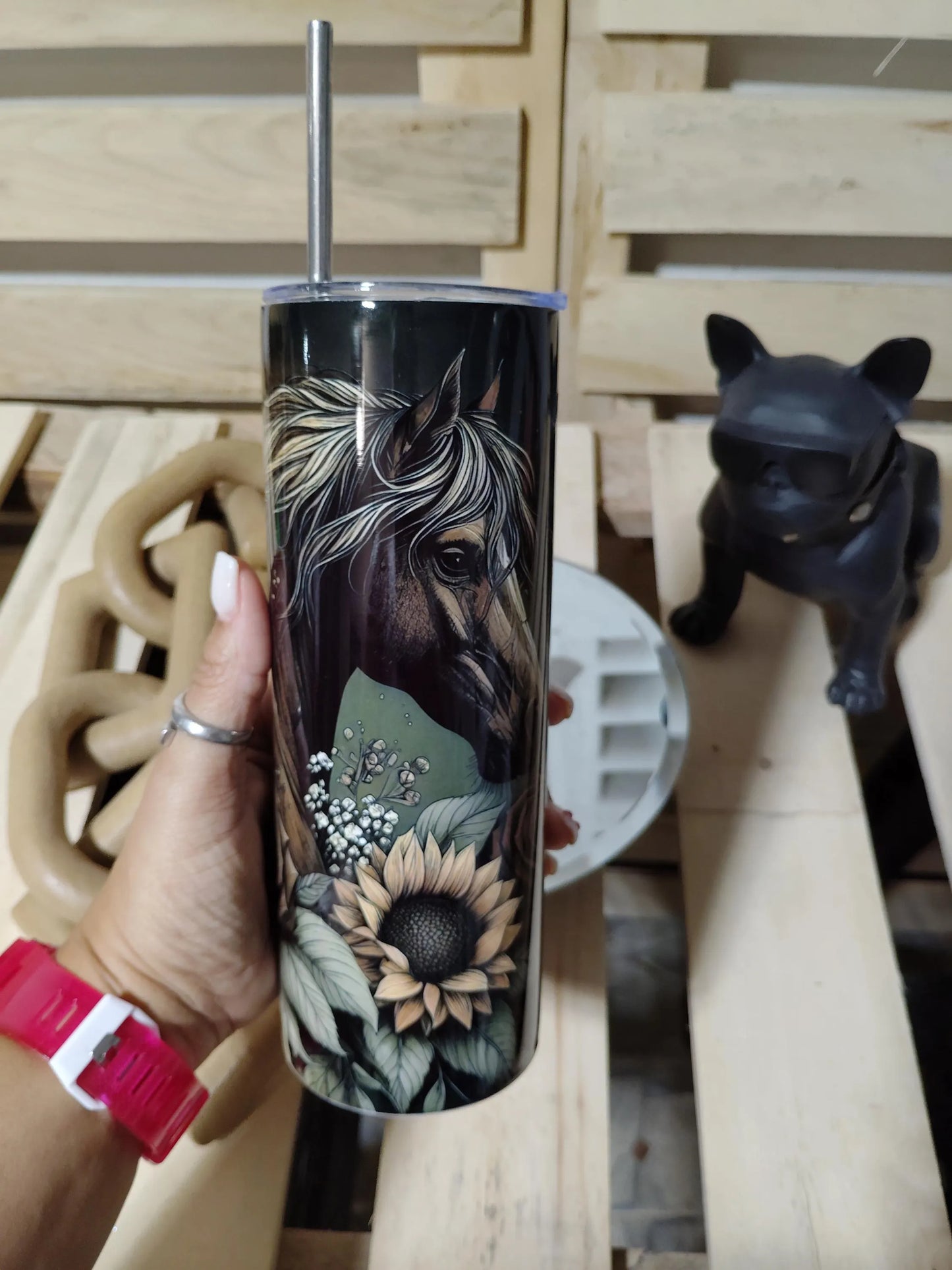 Horse Tumbler with Sunflowers | 20oz Dark Western Floral Cup | Rustic Cowgirl Gift