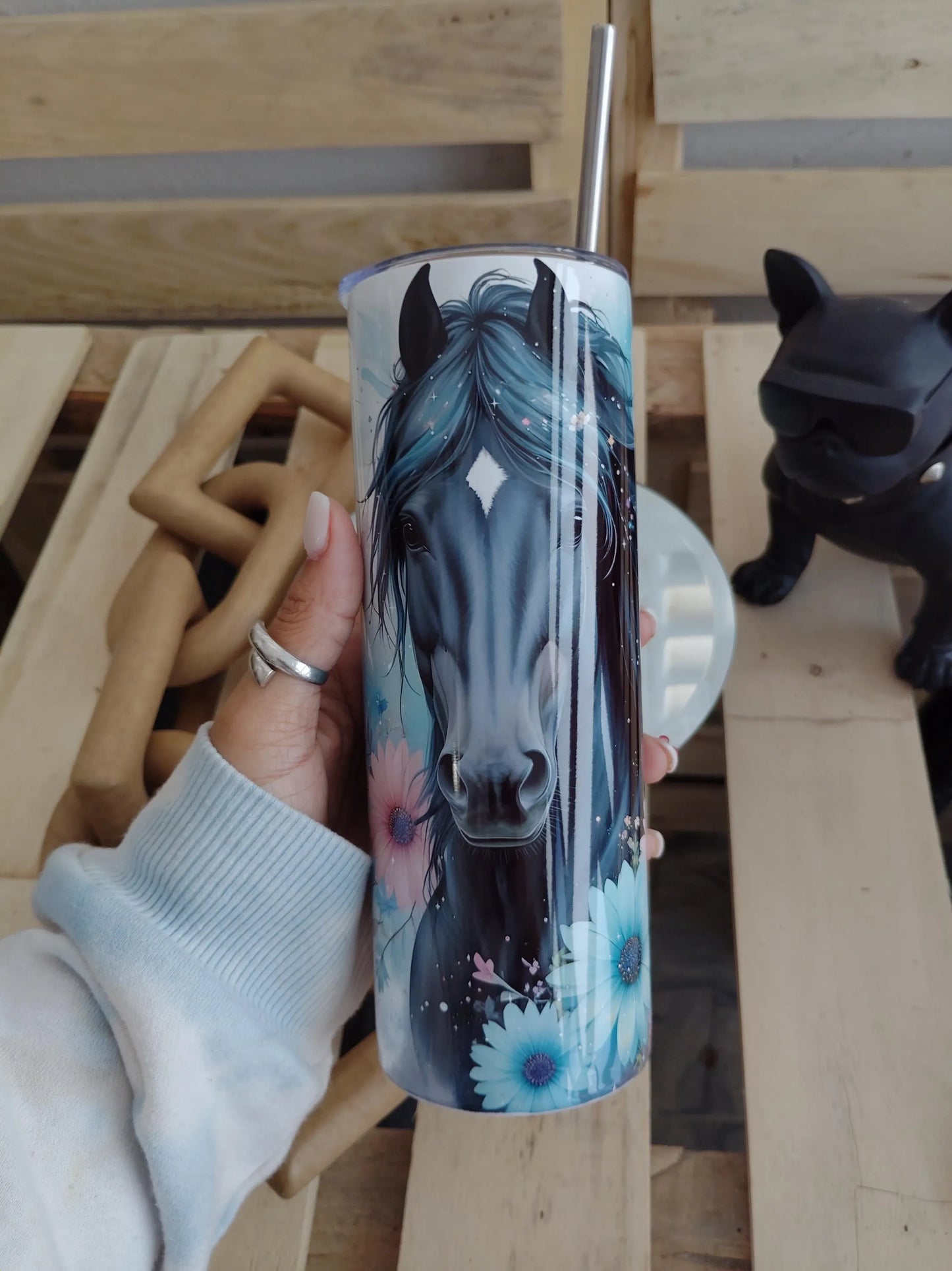 Black Horse Floral Tumbler: 20oz Insulated Stainless Steel Cup