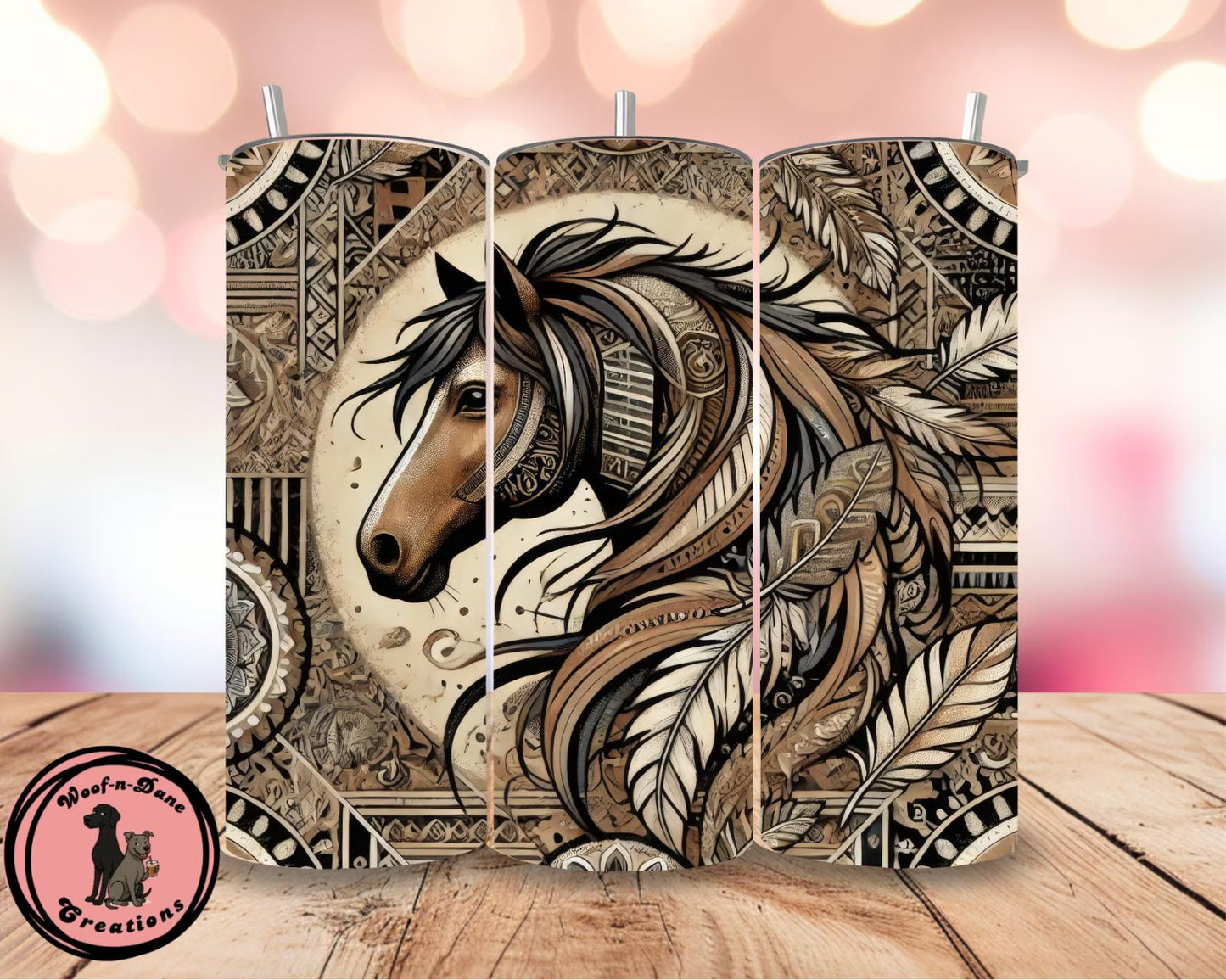 Tribal Horse Tumbler: Western Boho Feather Art, 20oz Cup