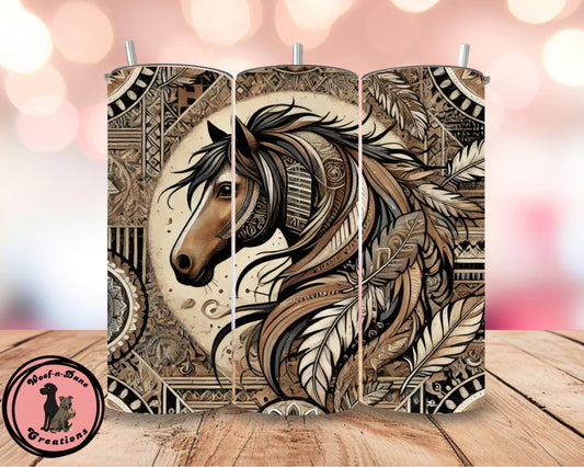 Tribal Horse Tumbler: Western Boho Feather Art, 20oz Cup