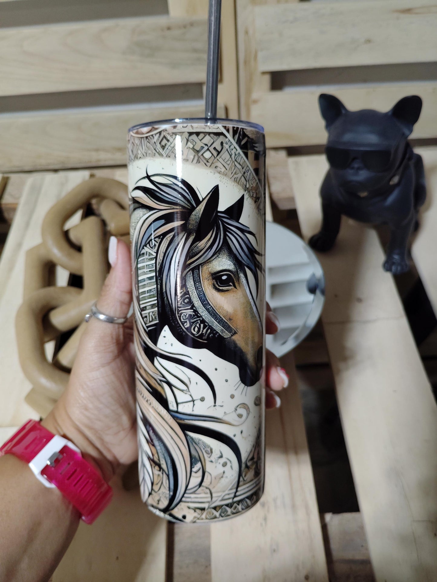 Tribal Horse Tumbler: Western Boho Feather Art, 20oz Cup