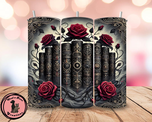 Gothic Bookstack & Roses Tumbler | Dark Academia 20oz Stainless Steel Cup