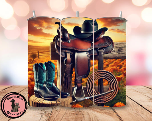 Western Cowboy Saddle Tumbler: Boots & Hat, 20oz Insulated Tumbler