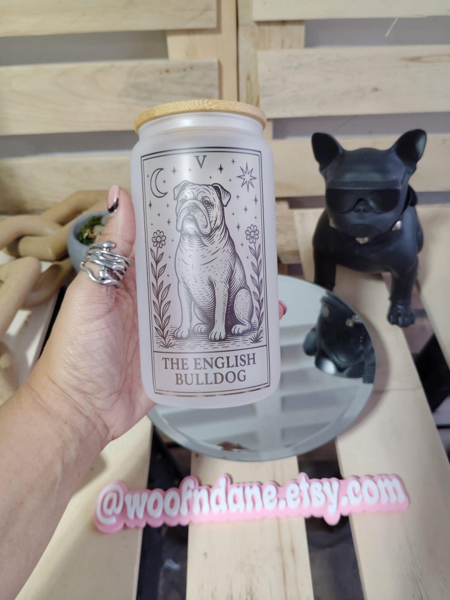 Dog Tarot Glass Can: Frosted Iced Coffee Cup with Bamboo Lid