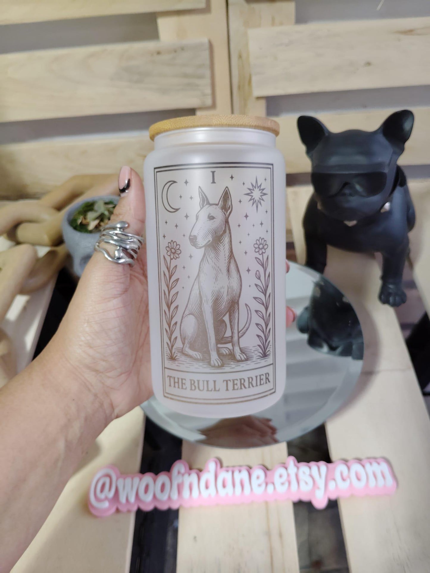 Dog Tarot Glass Can: Frosted Iced Coffee Cup with Bamboo Lid