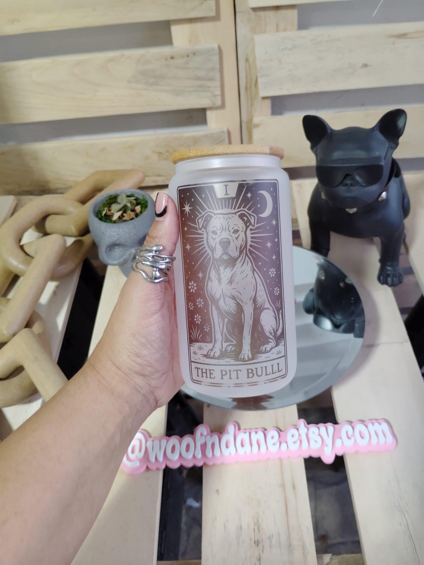 Dog Tarot Glass Can: Frosted Iced Coffee Cup with Bamboo Lid