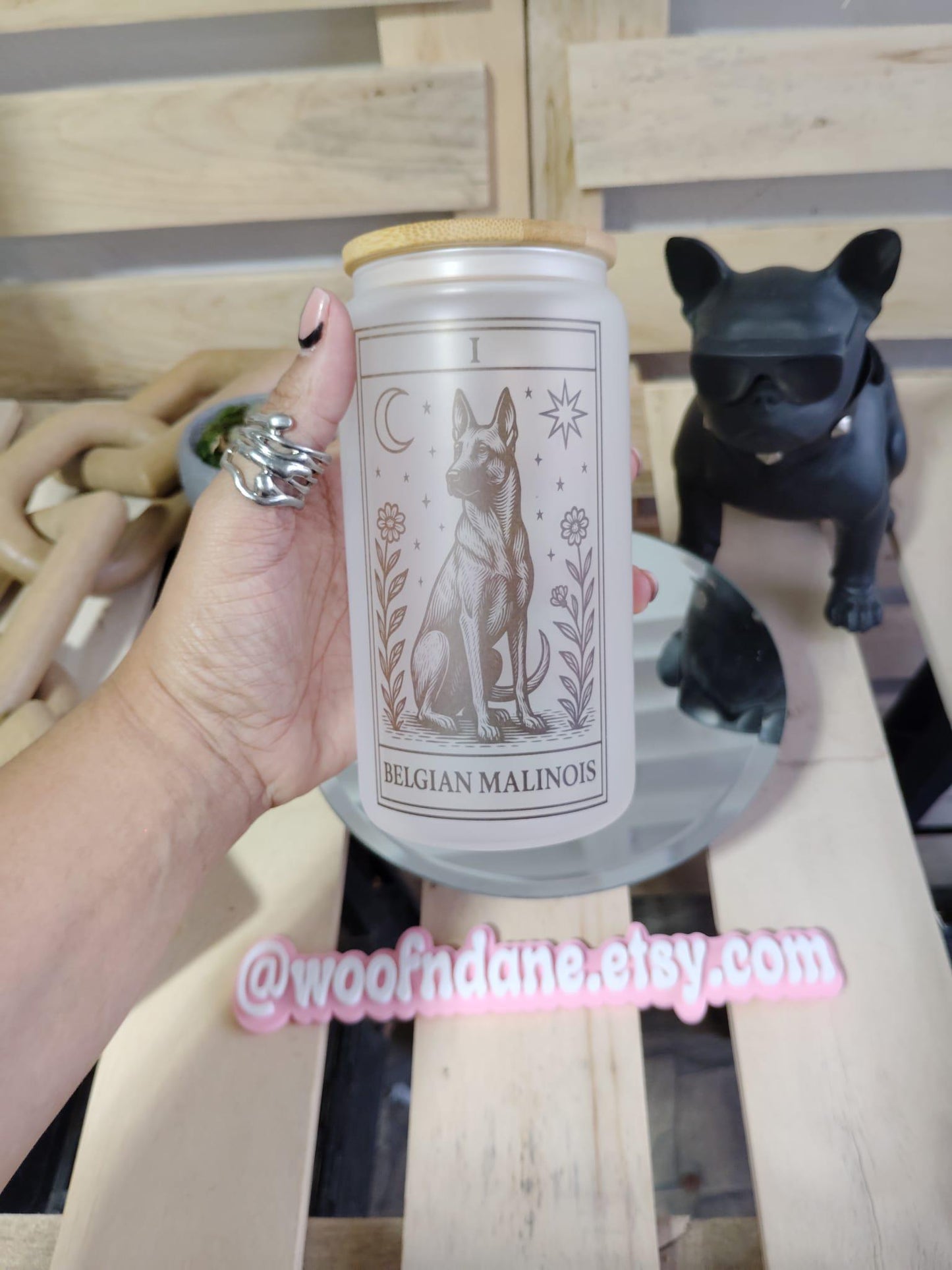 Dog Tarot Glass Can: Frosted Iced Coffee Cup with Bamboo Lid