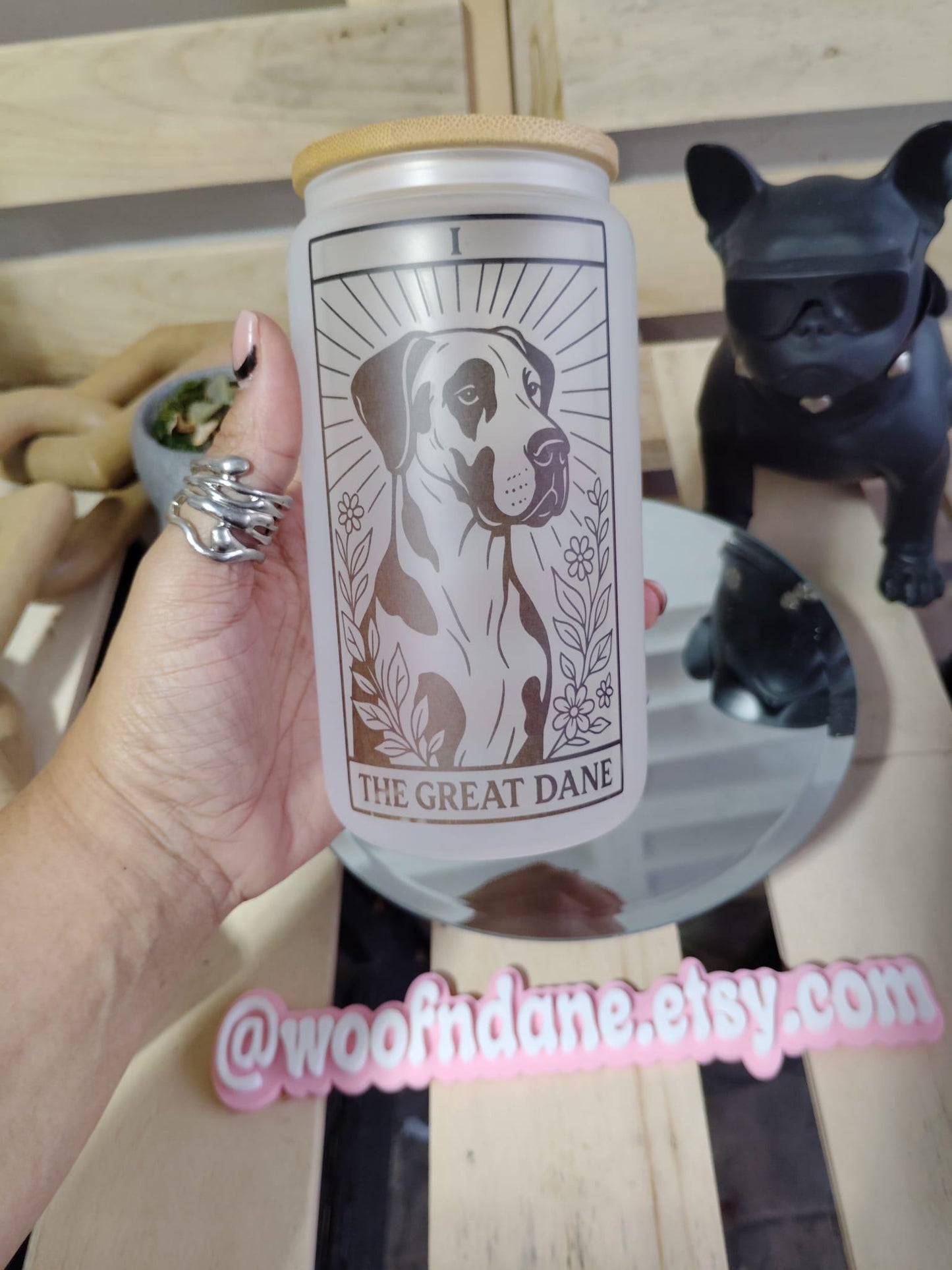 Dog Tarot Glass Can: Frosted Iced Coffee Cup with Bamboo Lid
