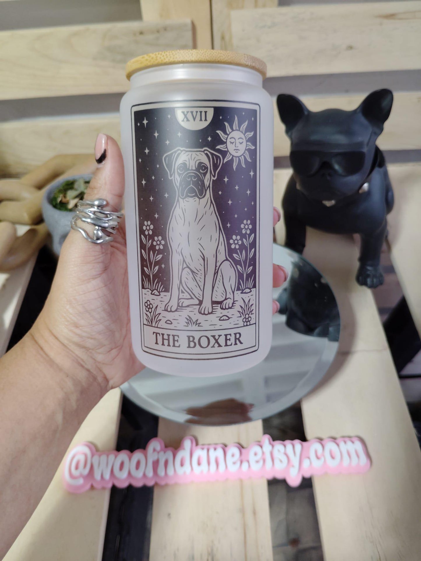 Dog Tarot Glass Can: Frosted Iced Coffee Cup with Bamboo Lid