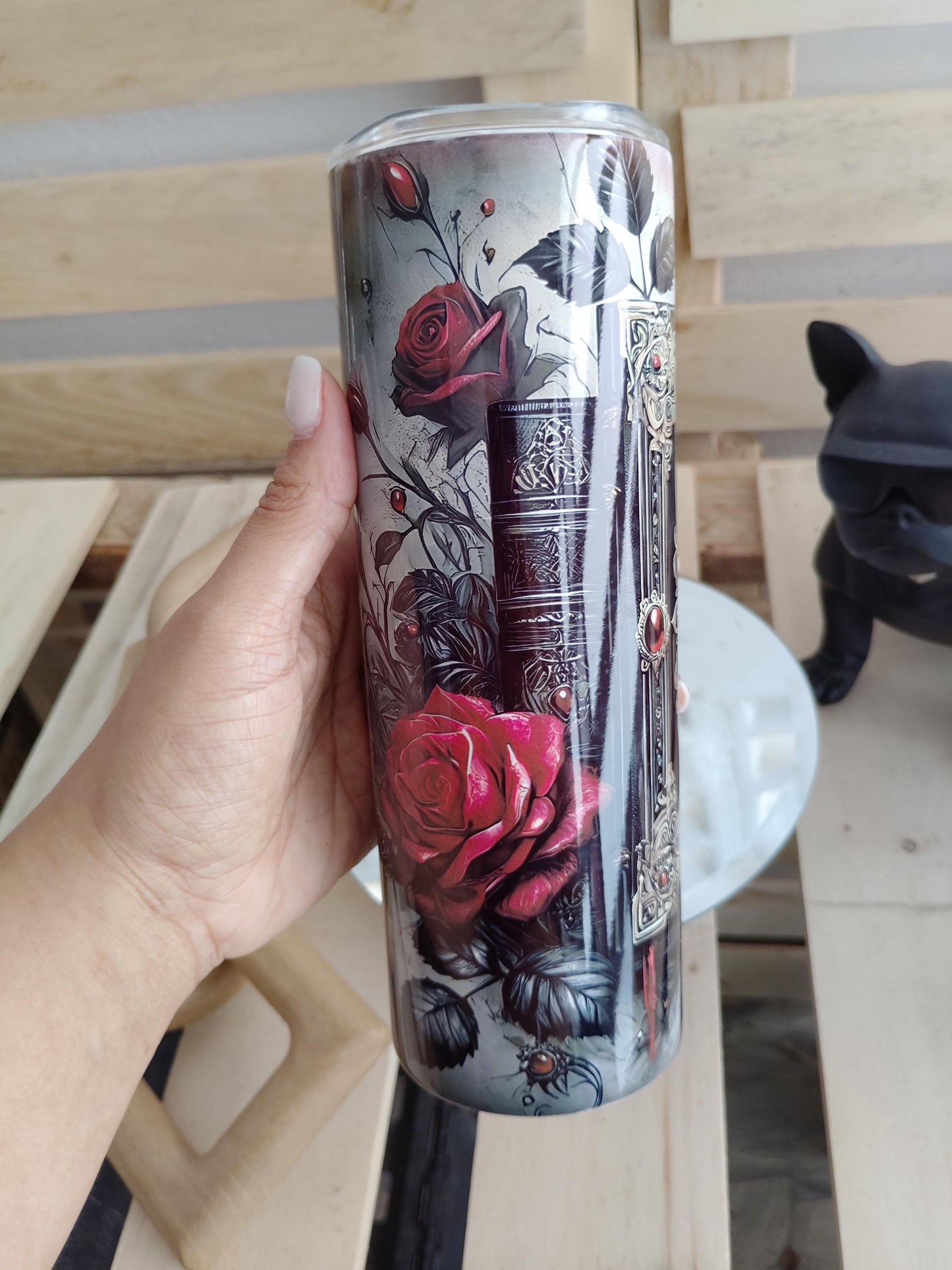 Gothic Rose & Jeweled Book Tumbler | 20oz Dark Fantasy Cup