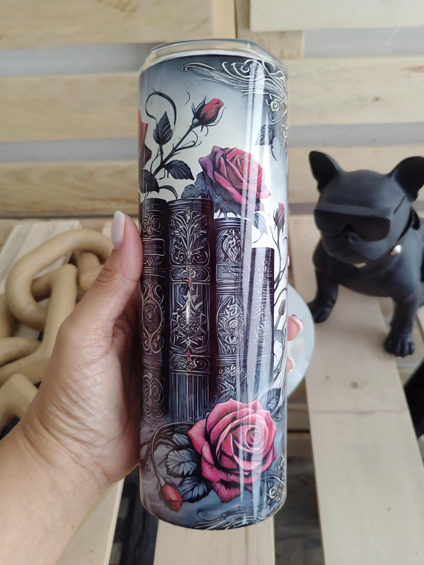 Gothic Bookstack & Roses Tumbler | Dark Academia 20oz Stainless Steel Cup