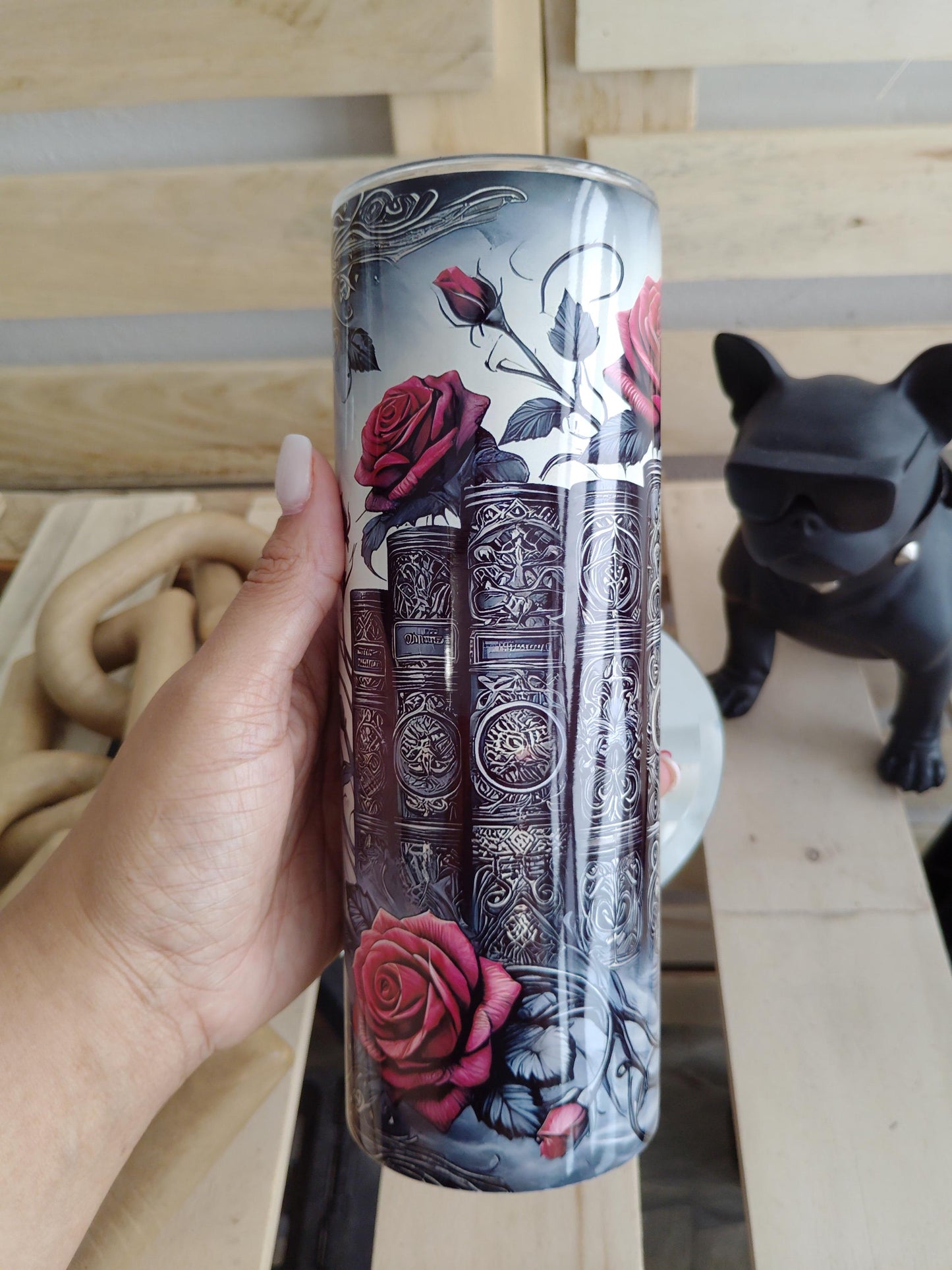 Gothic Bookstack & Roses Tumbler | Dark Academia 20oz Stainless Steel Cup