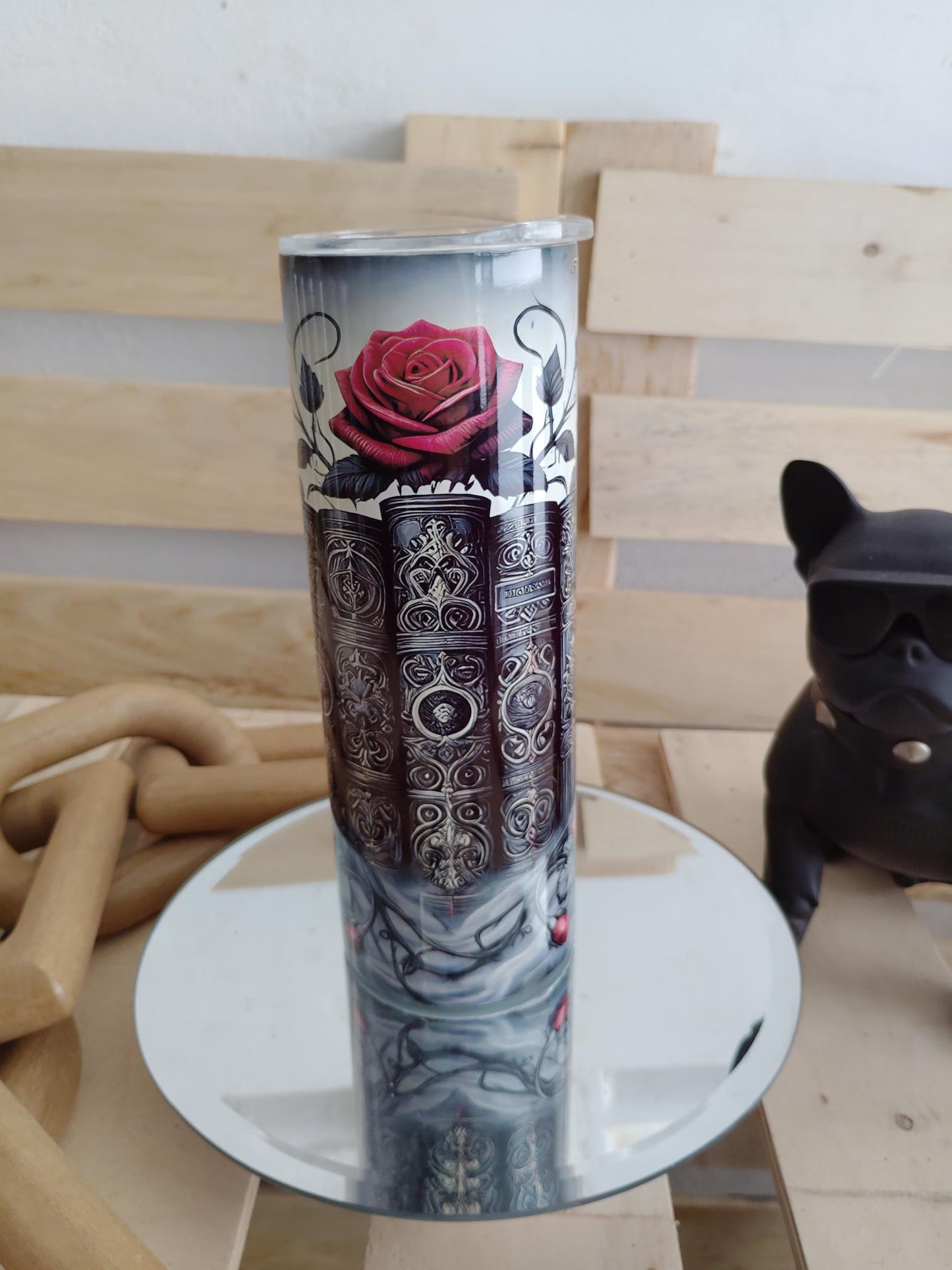Gothic Bookstack & Roses Tumbler | Dark Academia 20oz Stainless Steel Cup