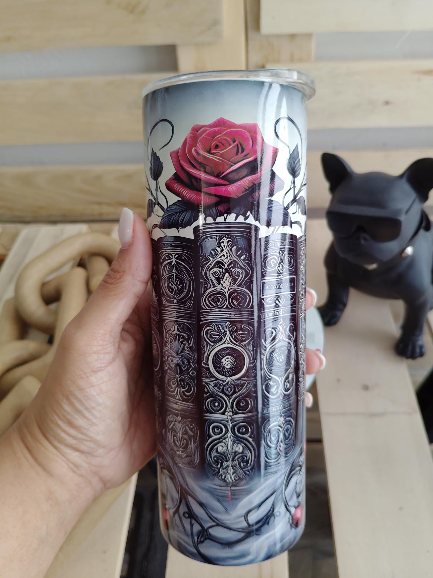 Gothic Bookstack & Roses Tumbler | Dark Academia 20oz Stainless Steel Cup