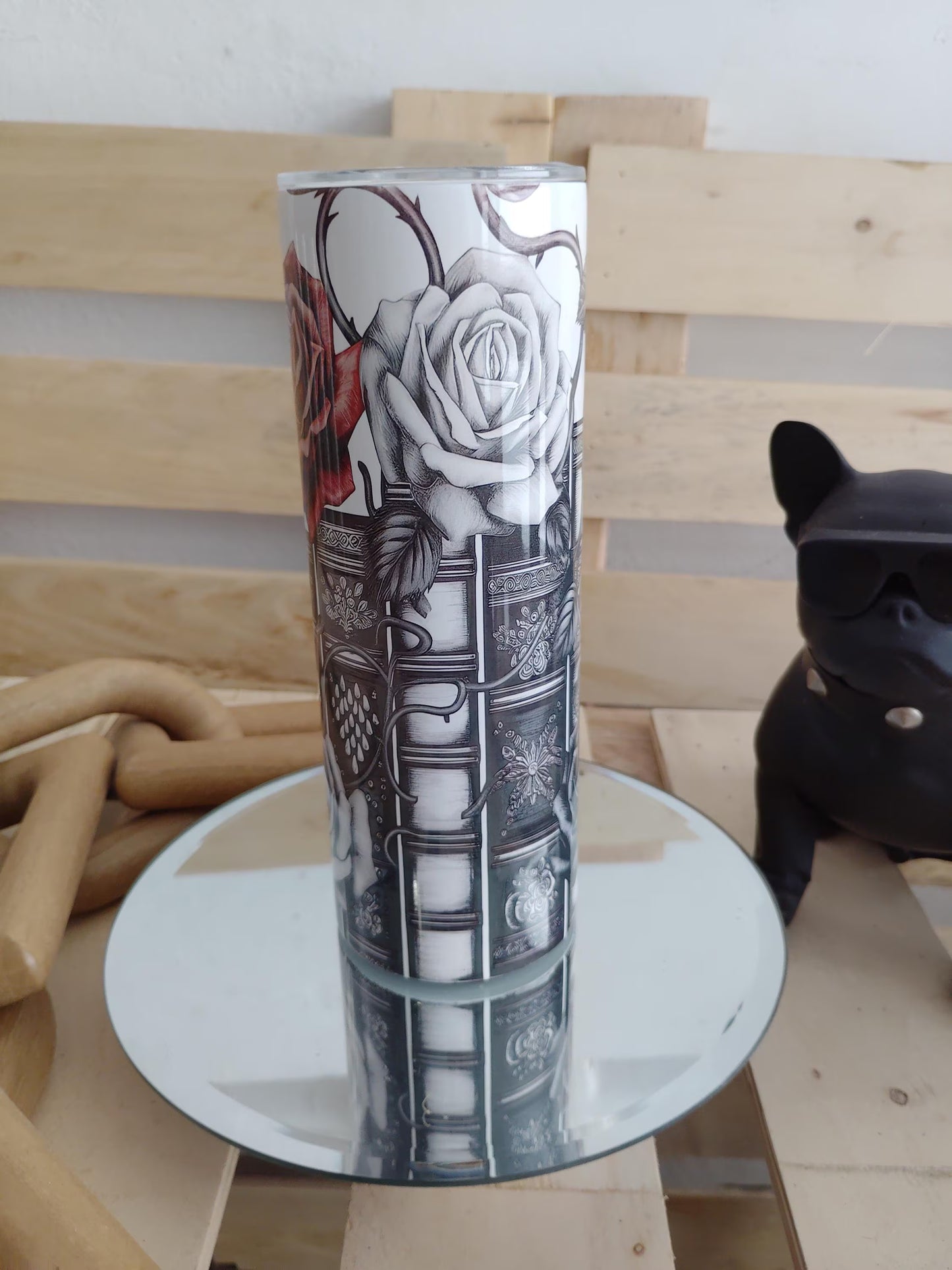 Black & White Gothic Book Rose Tumbler | 20oz Dark Academia Cup